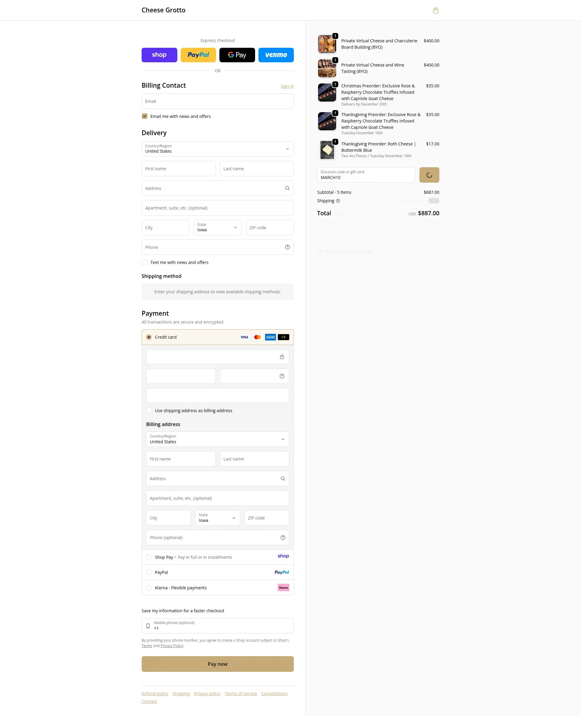 Cheese Grotto checkout page showing Cheese Grotto discount code box | Screenshot taken by SimplyCodes community member on Jan 10, 2026