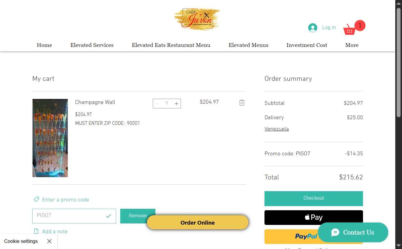 Chef Ju'von checkout page showing Chef Ju'von promo code box | Screenshot taken by SimplyCodes community member on Nov 14, 2025