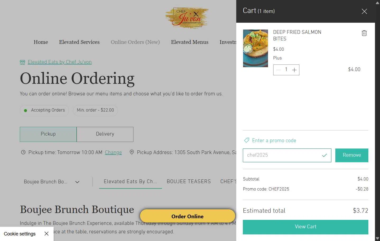 Chef Ju'von checkout page showing Chef Ju'von promo code box | Screenshot taken by SimplyCodes community member on Jan 31, 2026