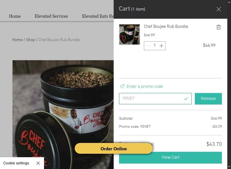 Chef Ju'von checkout page showing Chef Ju'von promo code box | Screenshot taken by SimplyCodes community member on Nov 14, 2025