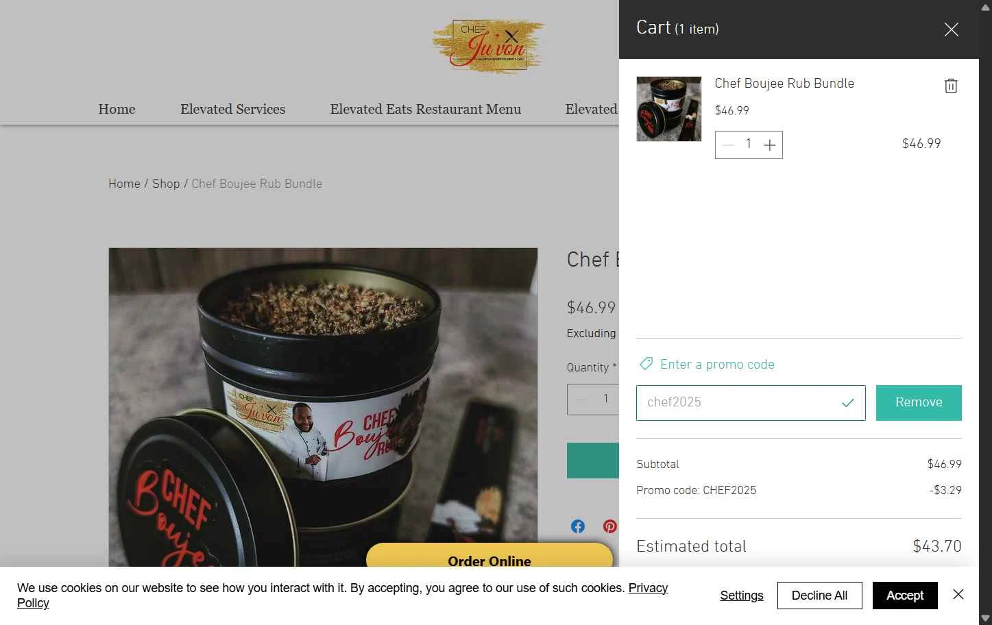Chef Ju'von checkout page showing Chef Ju'von promo code box | Screenshot taken by SimplyCodes community member on Dec 4, 2025