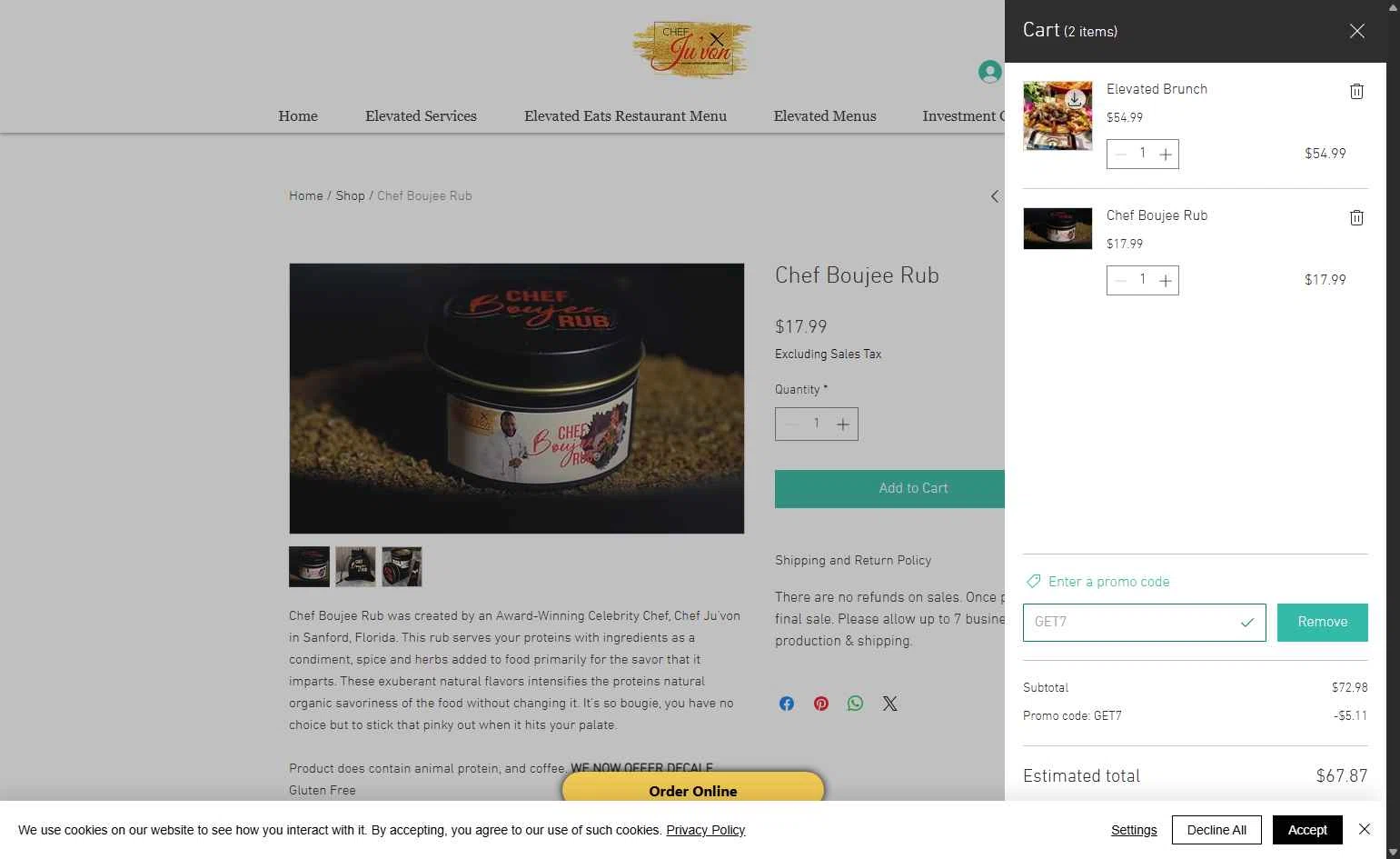 Chef Ju'von checkout page showing Chef Ju'von promo code box | Screenshot taken by SimplyCodes community member on Dec 2, 2025