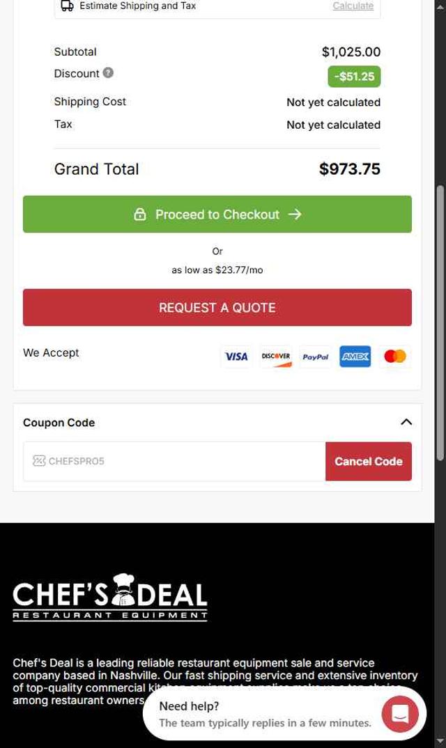 Chefs Deal checkout page showing Chefs Deal discount code box | Screenshot taken by SimplyCodes community member on Aug 26, 2025