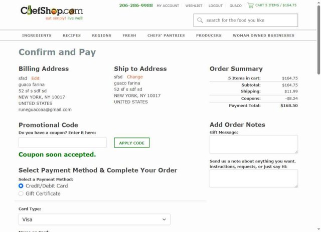 Chefshop.Com checkout page showing Chefshop.Com coupon code box | Screenshot taken by SimplyCodes community member on May 18, 2025