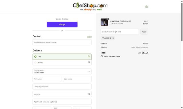 Chefshop.Com checkout page showing Chefshop.Com coupon code box | Screenshot taken by SimplyCodes community member on Sep 1, 2025