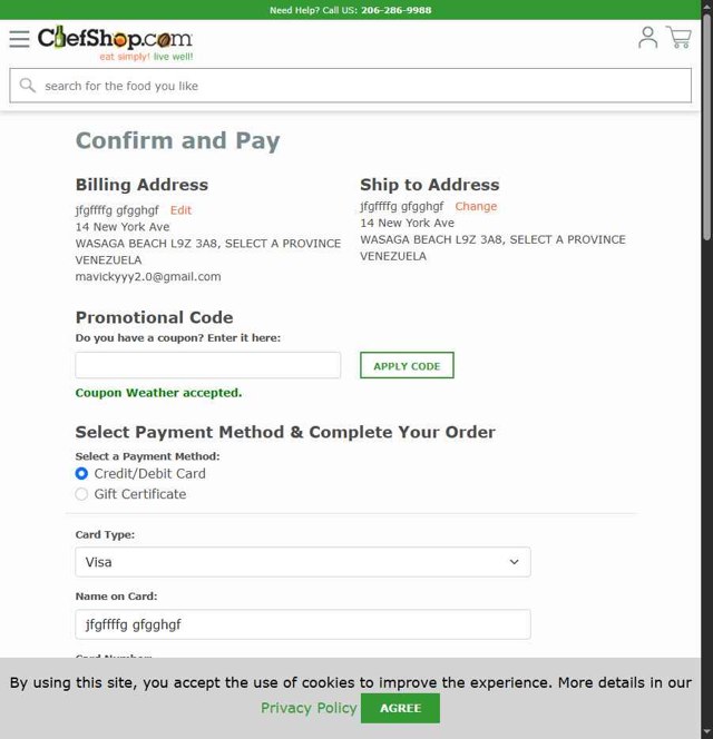 Chefshop.Com checkout page showing Chefshop.Com coupon code box | Screenshot taken by SimplyCodes community member on Jun 9, 2025