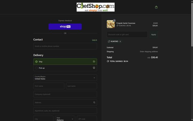 Chefshop.Com checkout page showing Chefshop.Com coupon code box | Screenshot taken by SimplyCodes community member on Aug 3, 2025