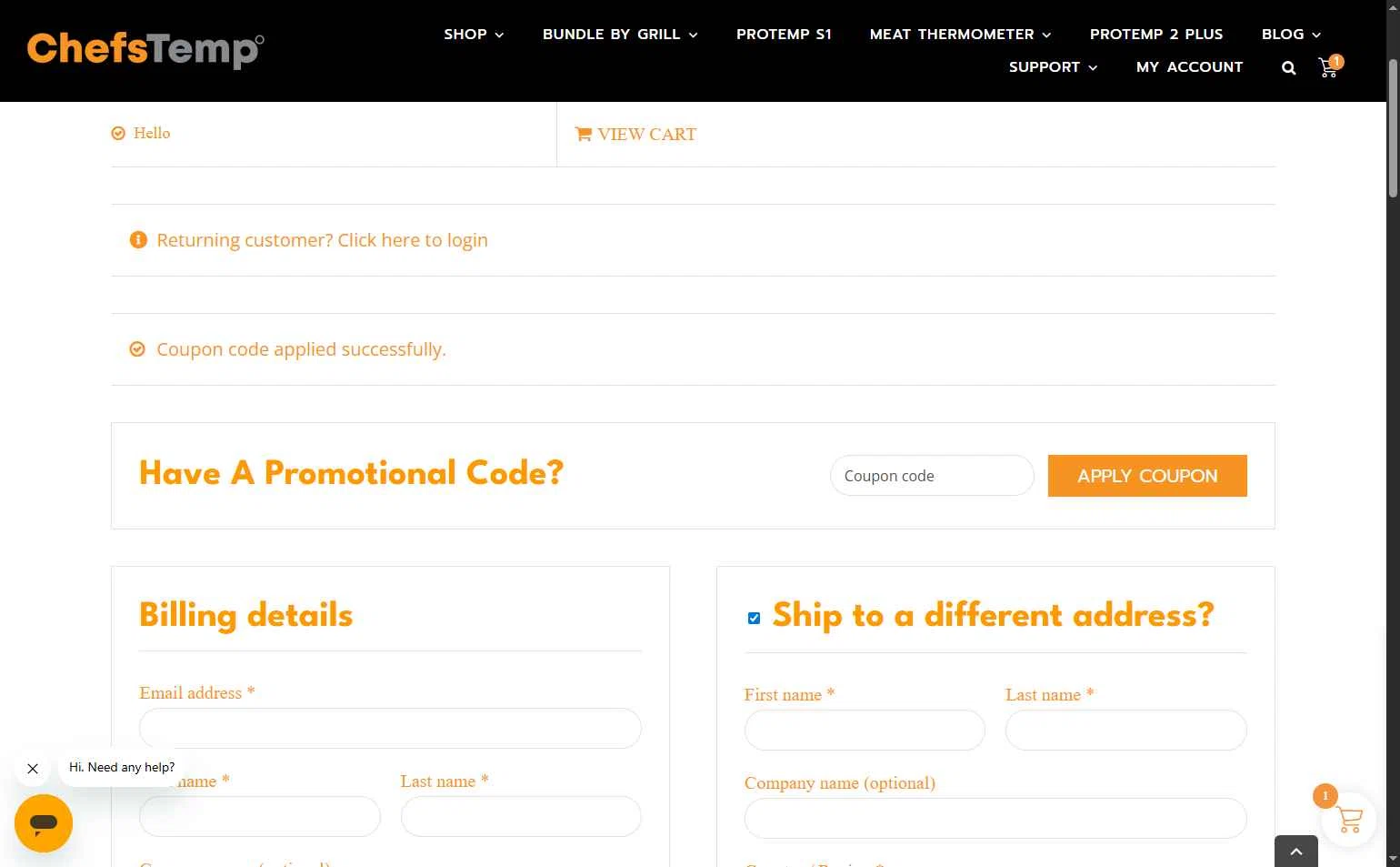ChefsTemp checkout page showing ChefsTemp promo code box | Screenshot taken by SimplyCodes community member on Jan 8, 2026
