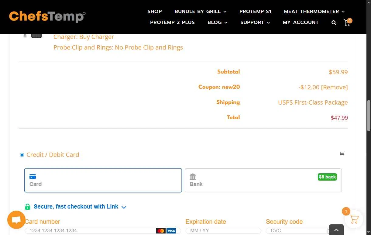 ChefsTemp checkout page showing ChefsTemp promo code box | Screenshot taken by SimplyCodes community member on Nov 22, 2025