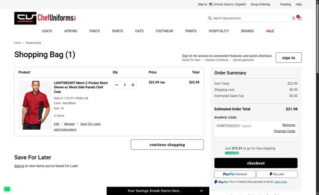 ChefUniforms.com checkout page showing ChefUniforms.com promo code box | Screenshot taken by SimplyCodes community member on Aug 6, 2025