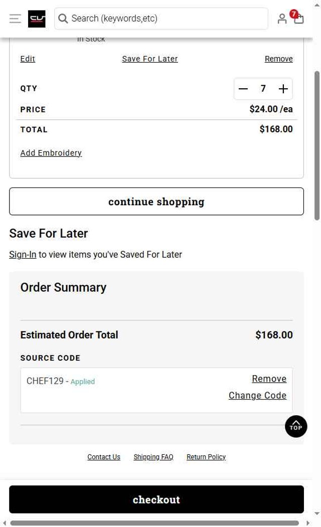 ChefUniforms.com checkout page showing ChefUniforms.com promo code box | Screenshot taken by SimplyCodes community member on Aug 1, 2025
