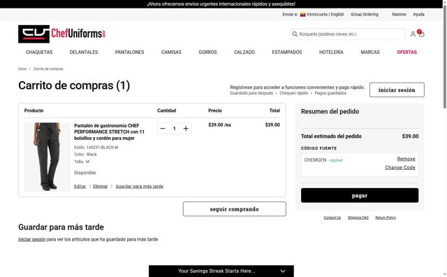 ChefUniforms.com checkout page showing ChefUniforms.com promo code box | Screenshot taken by SimplyCodes community member on Jul 20, 2025
