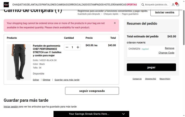 ChefUniforms.com checkout page showing ChefUniforms.com promo code box | Screenshot taken by SimplyCodes community member on Jul 20, 2025