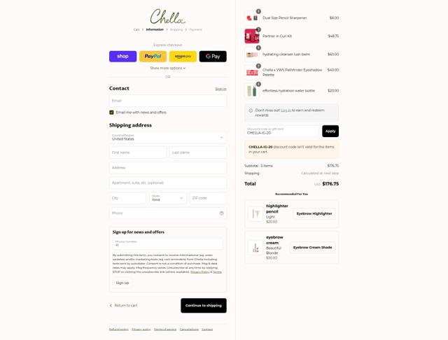 Chella checkout page showing Chella coupon code box | Screenshot taken by SimplyCodes community member on Sep 15, 2025