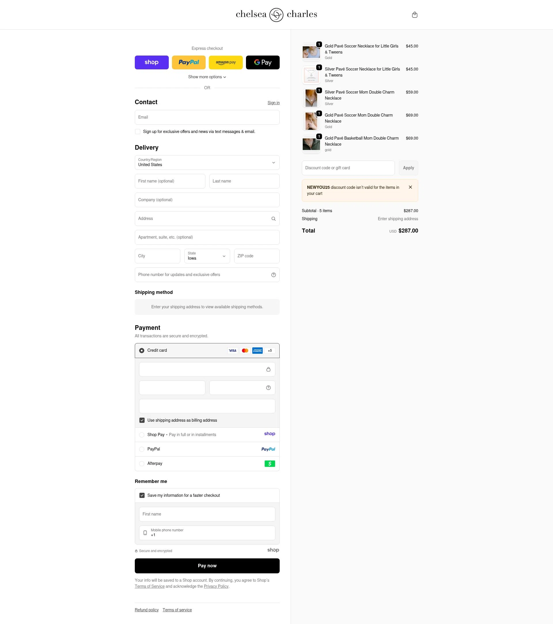 Chelsea Charles checkout page showing Chelsea Charles promo code box | Screenshot taken by SimplyCodes community member on Dec 31, 2025