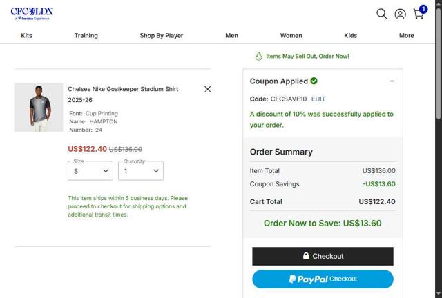 Chelsea FC Store checkout page showing Chelsea FC Store promo code box | Screenshot taken by SimplyCodes community member on Jul 28, 2025