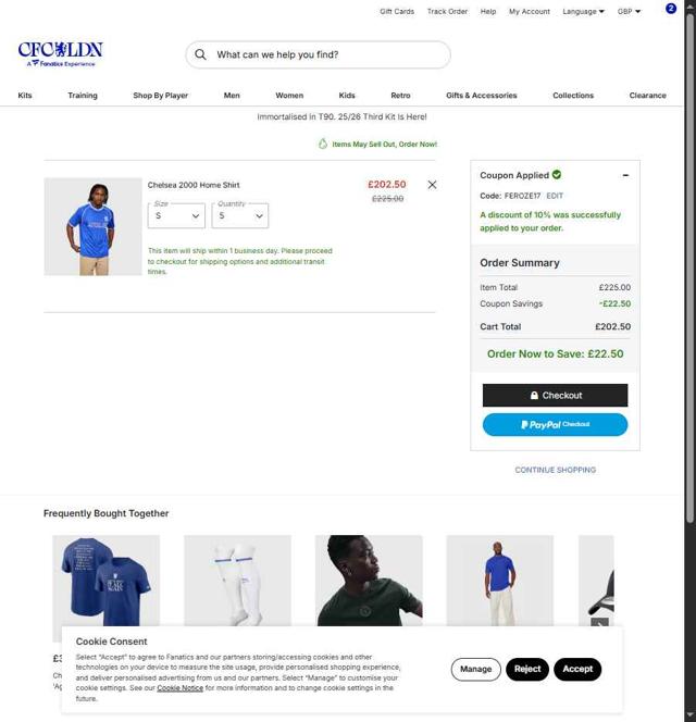 Chelsea FC Store checkout page showing Chelsea FC Store promo code box | Screenshot taken by SimplyCodes community member on Sep 3, 2025