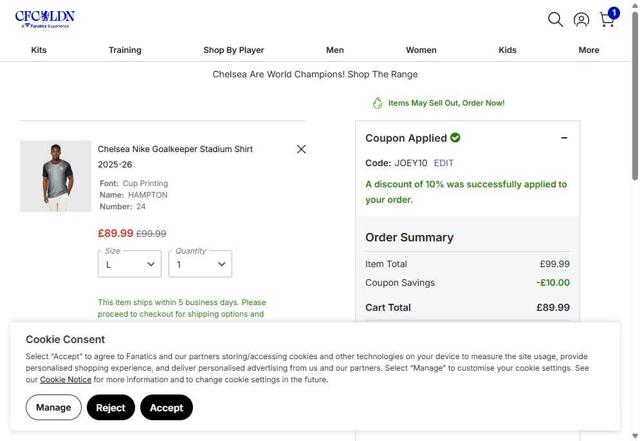 Chelsea FC Store checkout page showing Chelsea FC Store promo code box | Screenshot taken by SimplyCodes community member on Jul 30, 2025