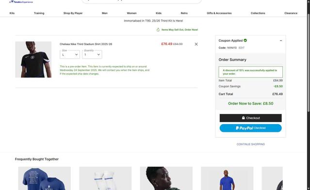 Chelsea FC Store checkout page showing Chelsea FC Store promo code box | Screenshot taken by SimplyCodes community member on Sep 3, 2025