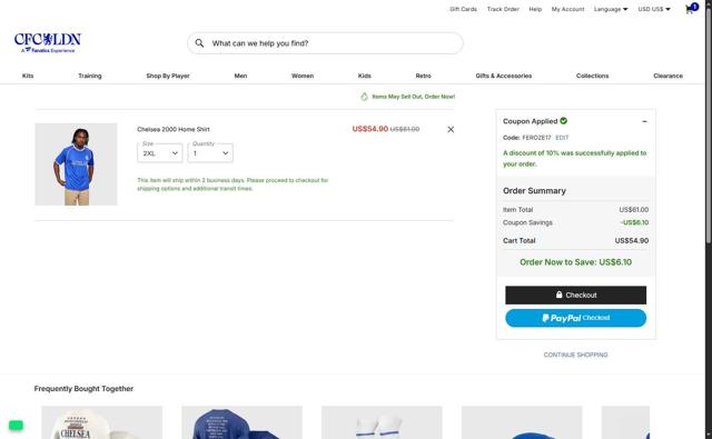 Chelsea FC Store checkout page showing Chelsea FC Store promo code box | Screenshot taken by SimplyCodes community member on Jul 29, 2025