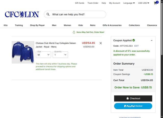 Chelsea FC Store checkout page showing Chelsea FC Store promo code box | Screenshot taken by SimplyCodes community member on Jul 13, 2025