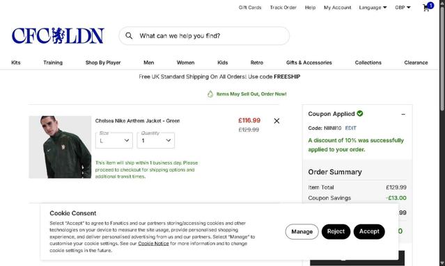Chelsea FC Store checkout page showing Chelsea FC Store promo code box | Screenshot taken by SimplyCodes community member on Jun 26, 2025