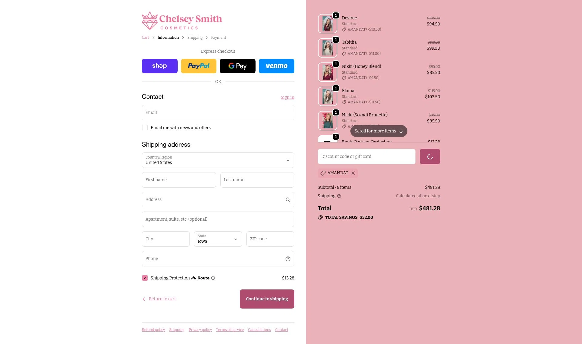 Chelsey Smith Crowns checkout page showing Chelsey Smith Crowns promo code box | Screenshot taken by SimplyCodes community member on Jan 9, 2026