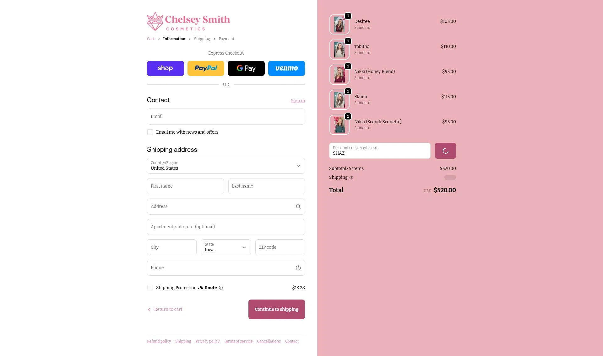 Chelsey Smith Crowns checkout page showing Chelsey Smith Crowns promo code box | Screenshot taken by SimplyCodes community member on Jan 9, 2026