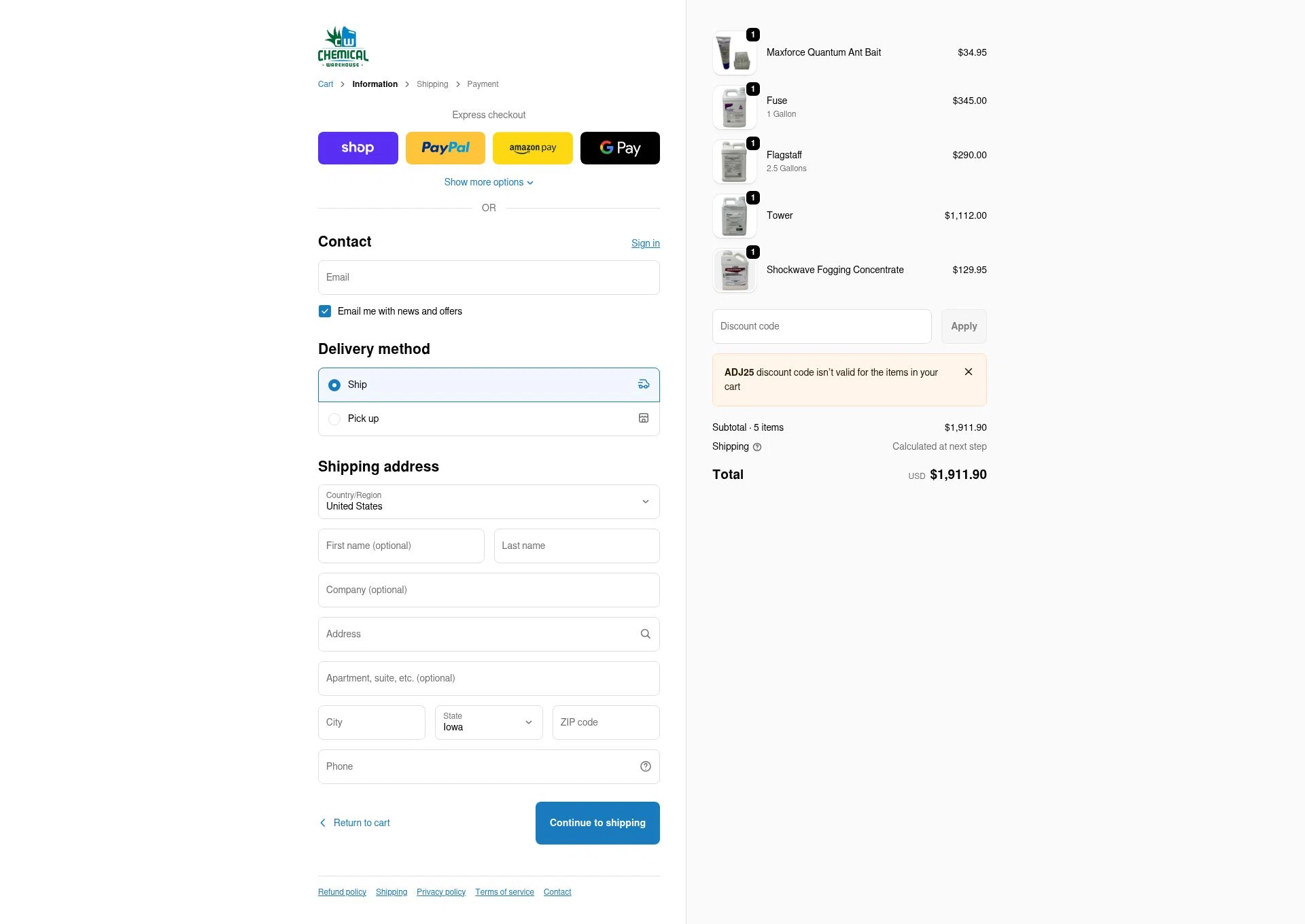 Chemical Warehouse checkout page showing Chemical Warehouse discount code box | Screenshot taken by SimplyCodes community member on Jan 8, 2026