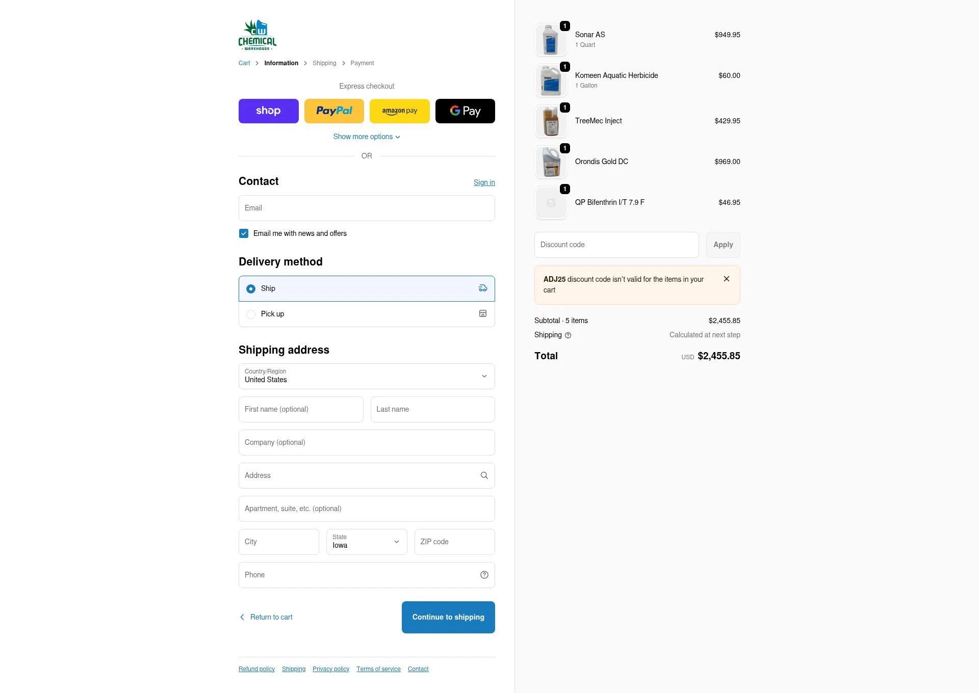 Chemical Warehouse checkout page showing Chemical Warehouse discount code box | Screenshot taken by SimplyCodes community member on Feb 5, 2026