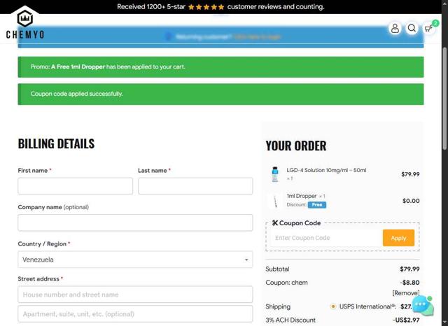 Chemyo checkout page showing Chemyo discount code box | Screenshot taken by SimplyCodes community member on Sep 12, 2025