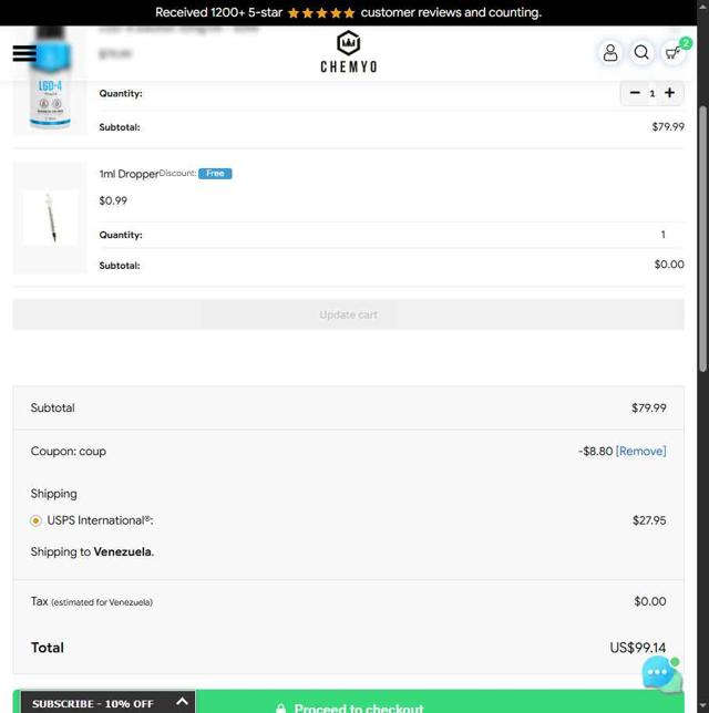 Chemyo checkout page showing Chemyo discount code box | Screenshot taken by SimplyCodes community member on Aug 31, 2025