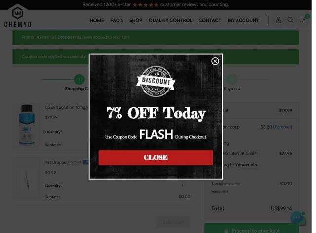 Chemyo checkout page showing Chemyo discount code box | Screenshot taken by SimplyCodes community member on Aug 31, 2025