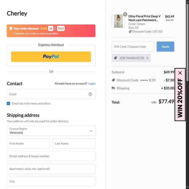 CHERLEY checkout page showing CHERLEY coupon code box | Screenshot taken by SimplyCodes community member on Sep 4, 2025