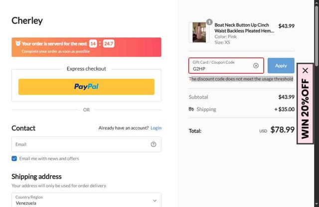 CHERLEY checkout page showing CHERLEY coupon code box | Screenshot taken by SimplyCodes community member on Sep 14, 2025