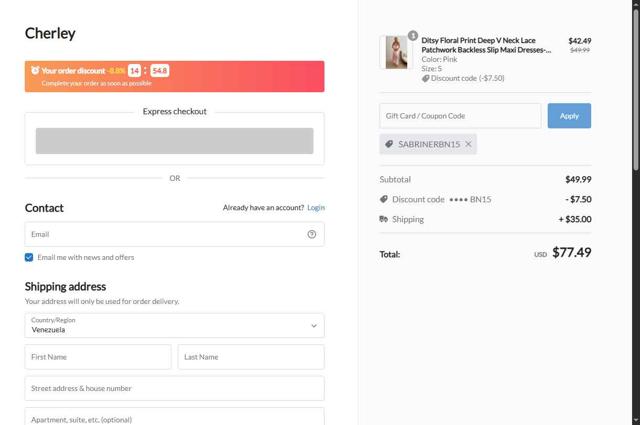 CHERLEY checkout page showing CHERLEY coupon code box | Screenshot taken by SimplyCodes community member on Sep 11, 2025