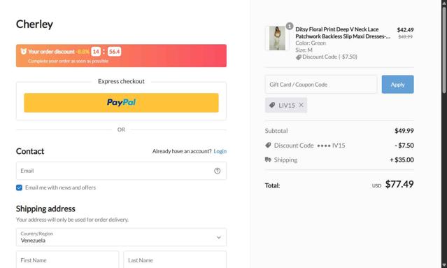 CHERLEY checkout page showing CHERLEY coupon code box | Screenshot taken by SimplyCodes community member on Sep 1, 2025