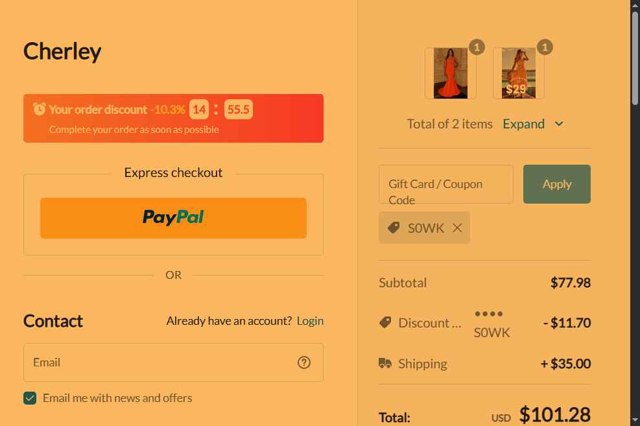 CHERLEY checkout page showing CHERLEY coupon code box | Screenshot taken by SimplyCodes community member on Jul 31, 2025