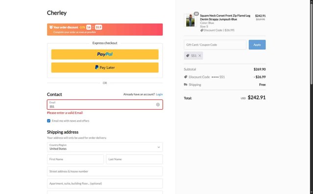 CHERLEY checkout page showing CHERLEY coupon code box | Screenshot taken by SimplyCodes community member on Aug 29, 2025
