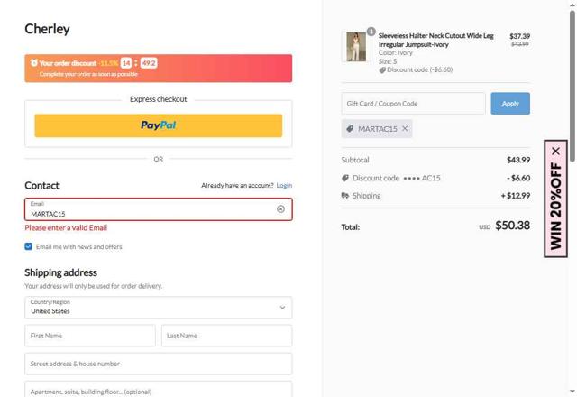 CHERLEY checkout page showing CHERLEY coupon code box | Screenshot taken by SimplyCodes community member on Sep 11, 2025