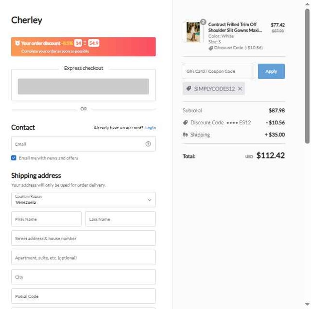 CHERLEY checkout page showing CHERLEY coupon code box | Screenshot taken by SimplyCodes community member on Aug 19, 2025