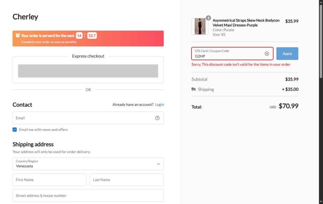 CHERLEY checkout page showing CHERLEY coupon code box | Screenshot taken by SimplyCodes community member on Aug 16, 2025