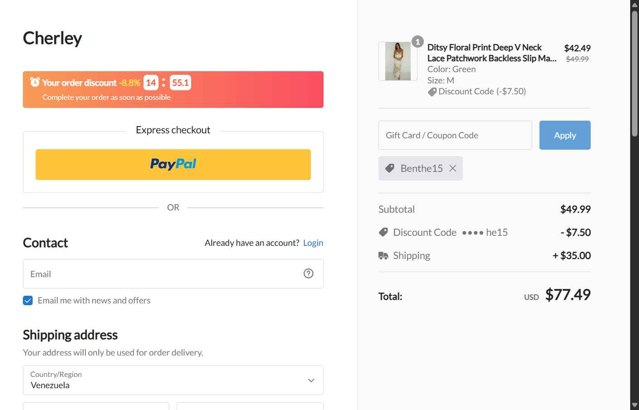 CHERLEY checkout page showing CHERLEY coupon code box | Screenshot taken by SimplyCodes community member on Aug 28, 2025