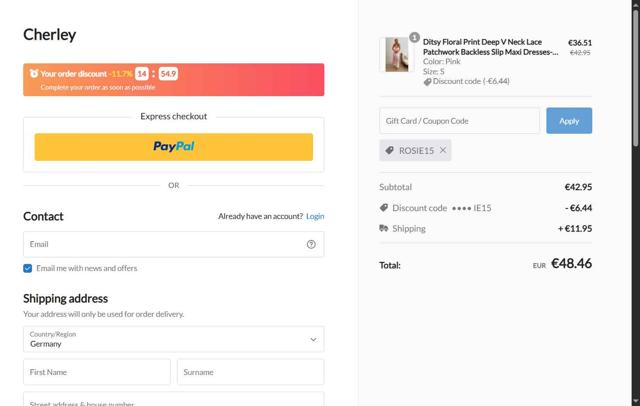 CHERLEY checkout page showing CHERLEY coupon code box | Screenshot taken by SimplyCodes community member on Sep 11, 2025