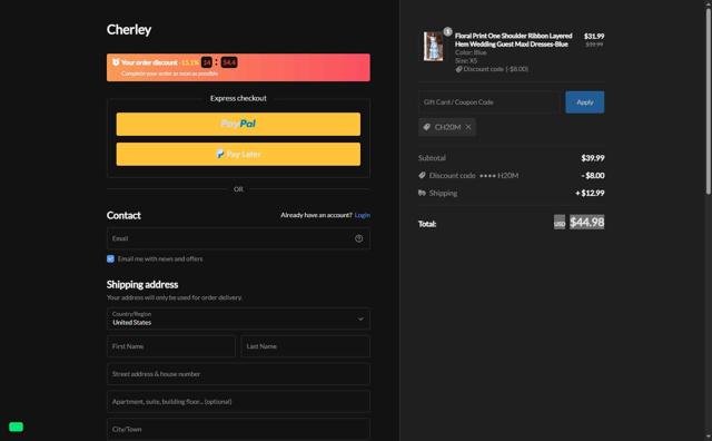 CHERLEY checkout page showing CHERLEY coupon code box | Screenshot taken by SimplyCodes community member on Sep 4, 2025