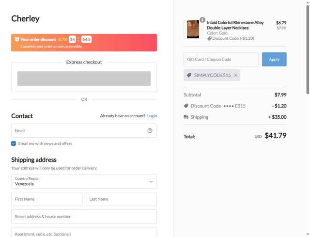 CHERLEY checkout page showing CHERLEY coupon code box | Screenshot taken by SimplyCodes community member on Aug 21, 2025