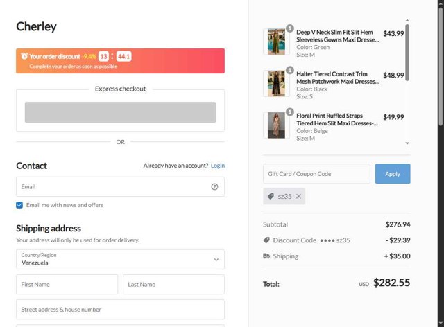 CHERLEY checkout page showing CHERLEY coupon code box | Screenshot taken by SimplyCodes community member on Aug 19, 2025