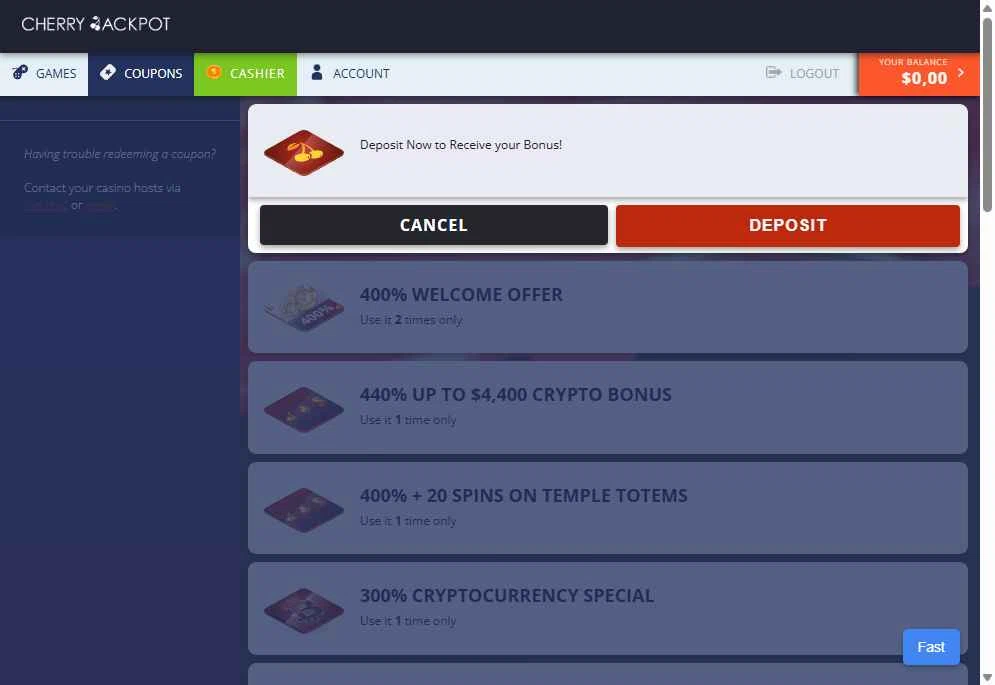 Cherry Jackpot checkout page showing Cherry Jackpot coupon code box | Screenshot taken by SimplyCodes community member on Aug 28, 2025