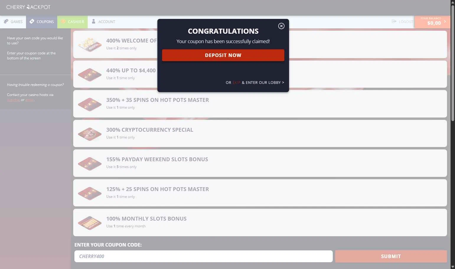 Cherry Jackpot checkout page showing Cherry Jackpot coupon code box | Screenshot taken by SimplyCodes community member on Aug 2, 2025