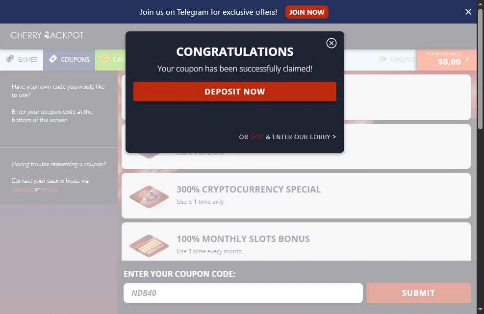 Cherry Jackpot checkout page showing Cherry Jackpot coupon code box | Screenshot taken by SimplyCodes community member on Oct 15, 2025